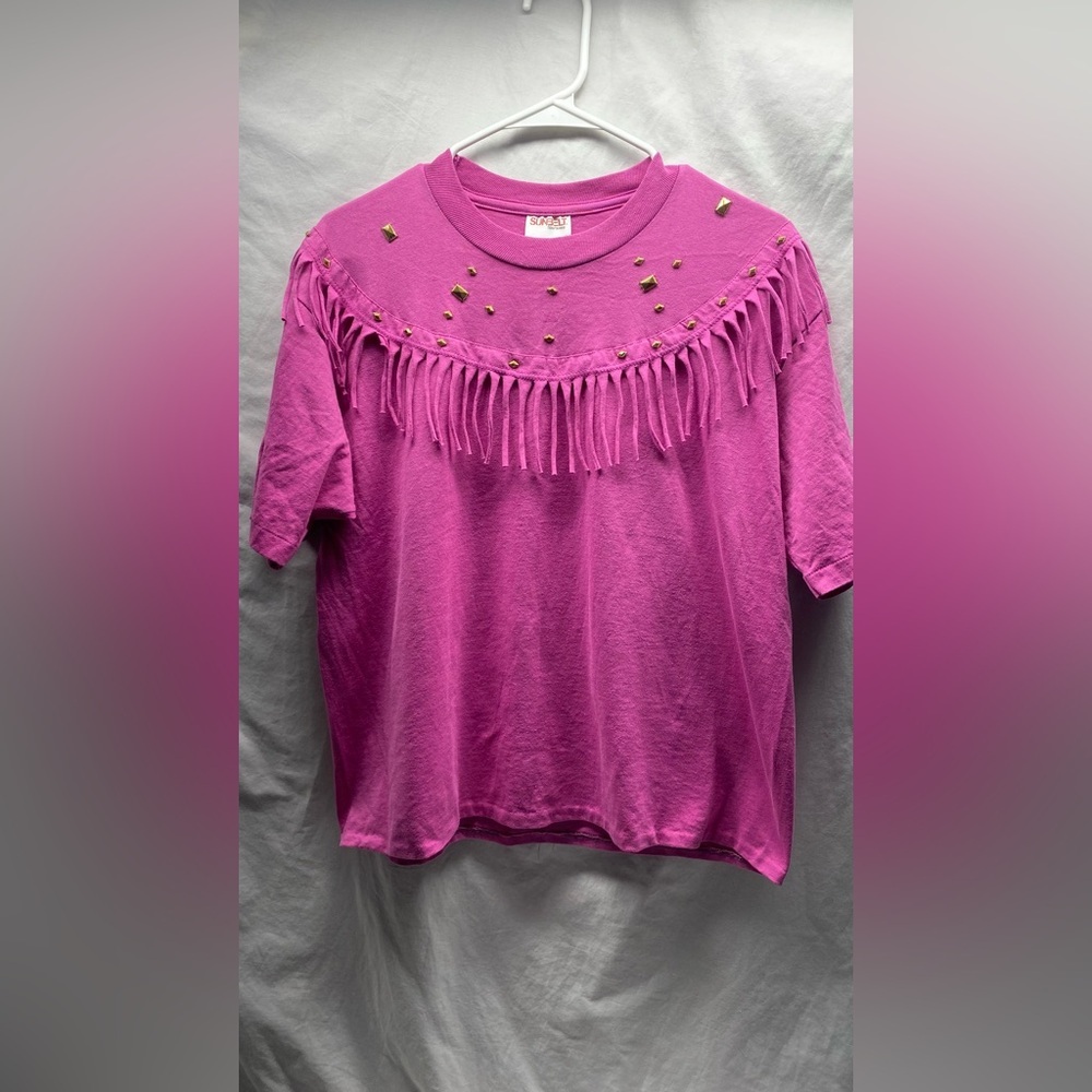 VTG Hot Pink Bedazzled Fringe Boxy shirt sz L - Picture 3 of 5